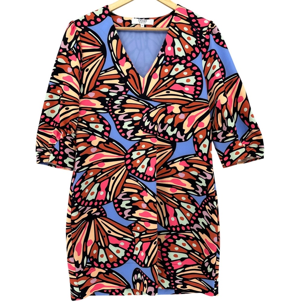 Crosby by Mollie Burch Butterfly Wing Print V-Neck Shift Dress Blue Orange Small